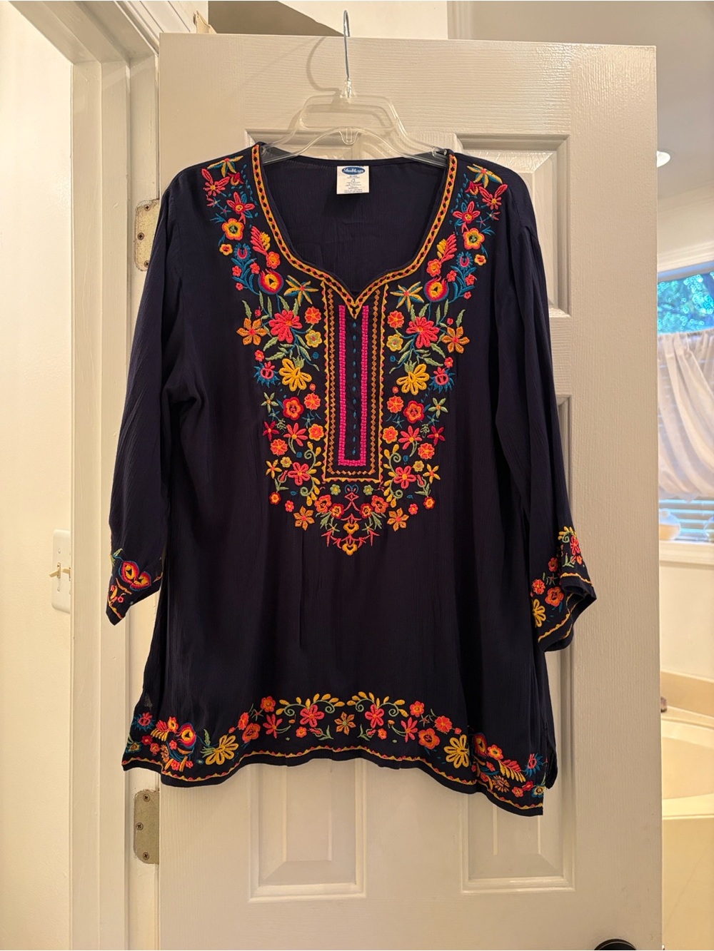 Embroidered Navy Women's Tunic with Multicolor Floral Yoke